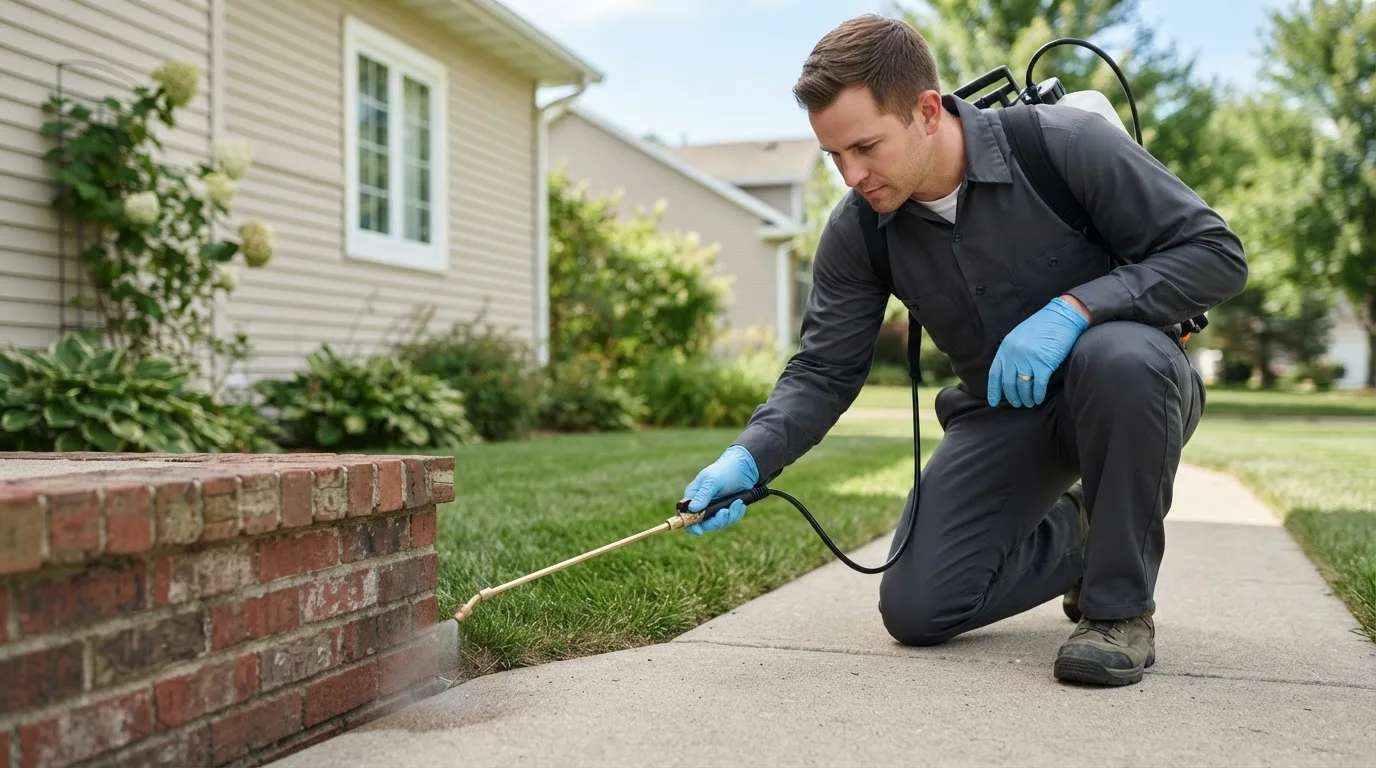 Pest control technician treating a home near Eitzen, MN